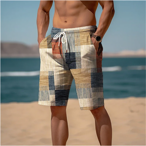 Vintage Patchwork Pattern Beach Short For Men Fashion Casual Summer 3D Fake Cloth Printed Swim Trunks Loose Street Short Pants