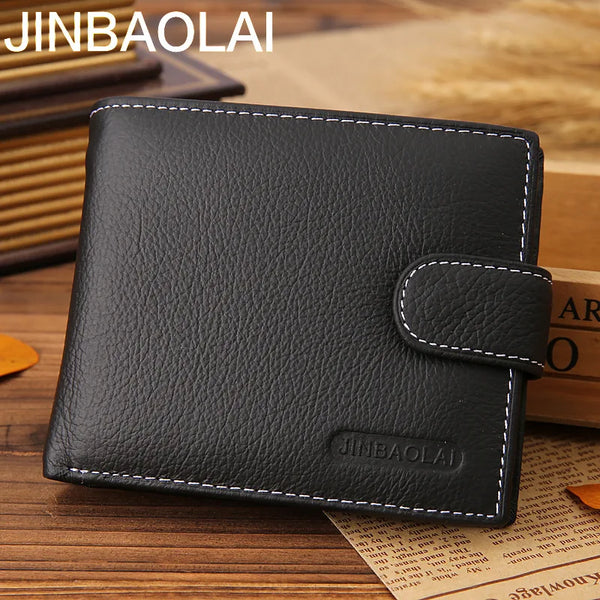 JINBAOLAI Retro Men Wallets Genuine Leather Card Horder Short Zipper Buckle Male Wallet Coin Pocket Photo Holder Men's Wallet